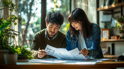 Poster - Japanese couple examining house blueprints