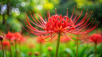 Vibrant red spider lily flower blooming in a garden, red, spider lily, flower, plant, garden, nature, floral, vibrant, bloom