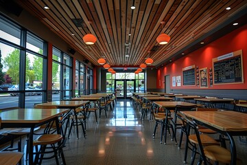 A large restaurant with many tables and chairs