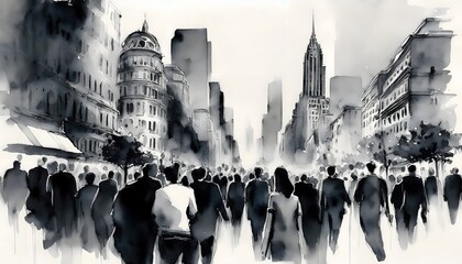 Wall Mural - Watercolor of an urban scene with people on a city street