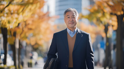 秋の街路を行き交う日本のビジネスマン