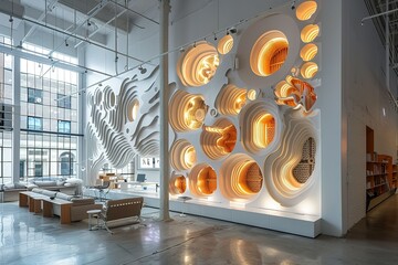 The interior of a building is decorated with a lot of white and orange