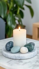 Wall Mural - This tranquil setup features healing crystals and lilac candles on a marble table, complemented by lilac flowers, creating a perfect ambiance for meditation and spiritual rituals