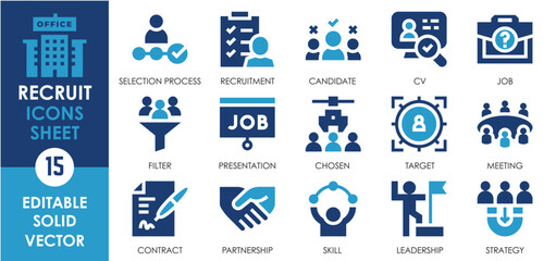Leinwandbilder - A set of solid icons related to Recruit. Job, strategy, CV, selection, vacancy, filter, chosen, partner, Leadership, and so on. Vector flat icons set.
