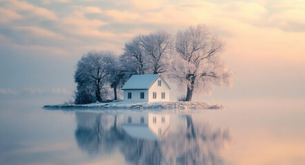 Sticker - A tree and a small house in the middle of an icy lake, with a white reflection