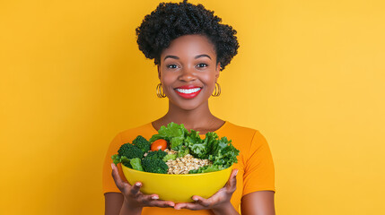 Wall Mural - A young woman holding a bowl of oats salad, smiling and promoting a wholesome diet. 