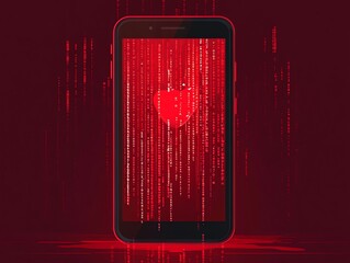 Poster - Red heart shape on a smartphone screen against a red code background.