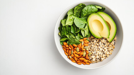 Wall Mural - Wholesome oats power bowl with greens, avocado, and seeds, arranged on a white plate.