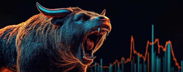 A fierce bull with sharp teeth roars against a vibrant financial graph, symbolizing market strength and resilience.