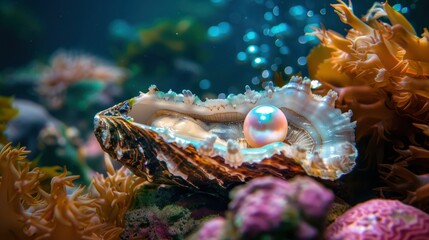 Wall Mural - Diverse Marine Life in an Underwater Scene with a Pearl in an Oyster. Concept Underwater Photography, Marine Life, Diverse Ecosystem, Oyster with Pearl, Oceanic Environment 