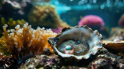 Wall Mural - Diverse Marine Life in an Underwater Scene with a Pearl in an Oyster. Concept Underwater Photography, Marine Life, Diverse Ecosystem, Oyster with Pearl, Oceanic Environment 