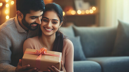 Poster - Modern Indian couple happily unwrapping a gift