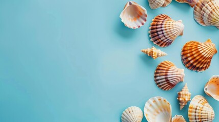 Wall Mural - Summer Beach Vibes Scallop Shells on Blue Background with Copy Space. Concept Beach Photography, Summer Vibes, Scallops, Blue Background, Copy Space