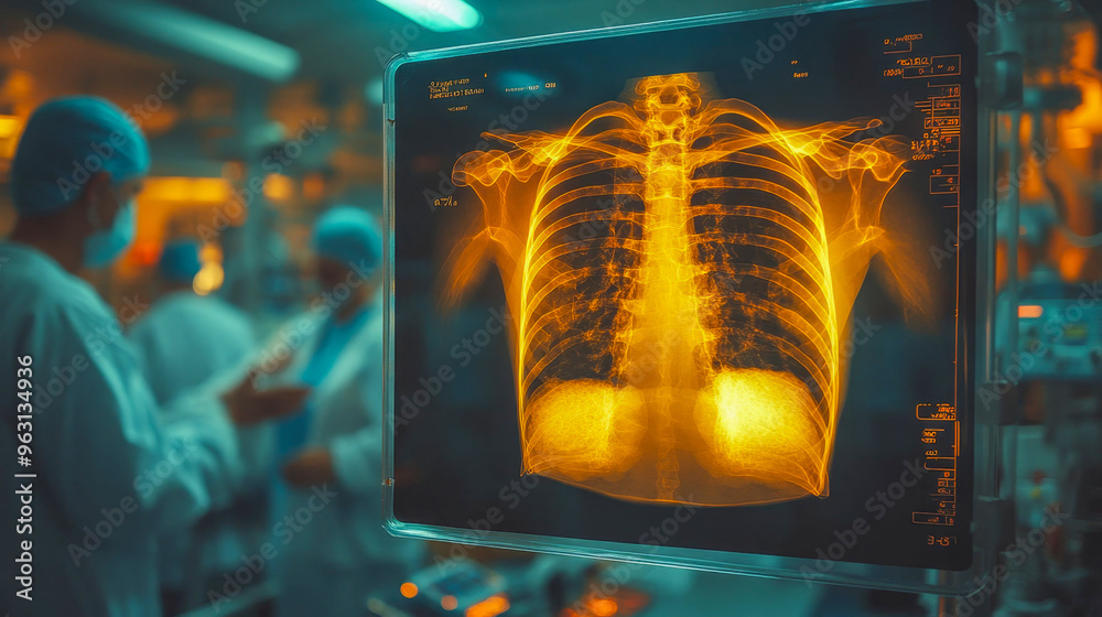 Surgeons review a chest x-ray on a digital screen during a medical ...