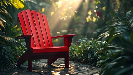 Poster - Red wooden chair in a lush tropical garden with sunlight streaming through the foliage. Tranquil and serene outdoor setting concept