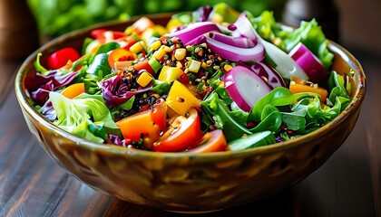 A hearty bowl of salad, paired with fresh ingredients and rich seasonings, is colorful and mouth-watering.