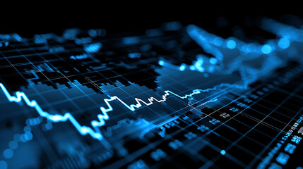 A close-up view of a financial chart, with a blue line showing a downward trend. The chart is set against a dark background.