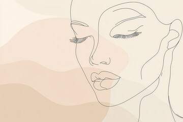Poster - A minimalist depiction showcases a woman's face, emphasizing elegant lines and gentle curves in a soft, pastel setting. Generative AI