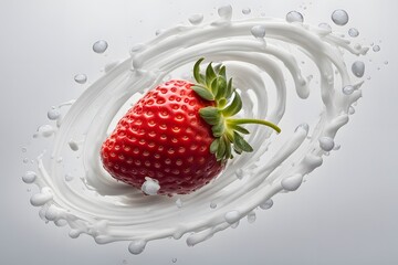 A milk splash forming a spiral pattern around a floating strawberry, AI Generated