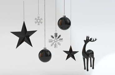 Wall Mural - black christmastree balls, silver snowflakes, stars and a deer hanging on silver strings isolated 3d