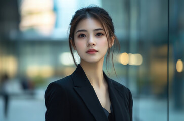 Canvas Print - Asian woman in black suit, elegant pose, standing against glass building background with skyscrapers, business attire