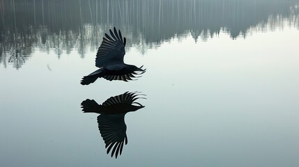 Wall Mural - The shadow of a bird in flight over a calm lake, with the reflection of the shadow creating a mirrored effect on the waterâ€™s surface