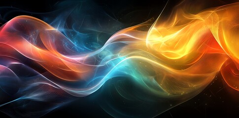 Aufkleber - Abstract glowing waves, blue and orange on a black background.
