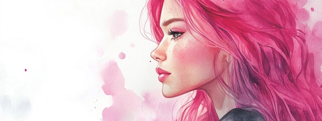 Wall Mural - Exploring Emotions: A Vibrant Watercolor Portrait of a Young Woman with Pink Hair