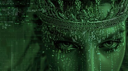 Stylized representation of a human face with a digital overlay, characterized by a green color scheme and binary code elements