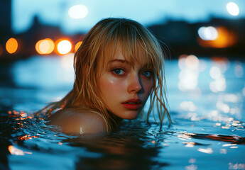 Canvas Print - A beautiful blonde woman in the water, city lights in the background