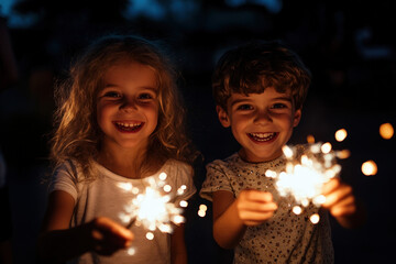 Two young children are holding sparklers and smiling at night during a celebration