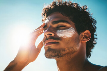 Wall Mural - Young man is enjoying the sun while applying sunscreen to his face for uv and sunburn protection