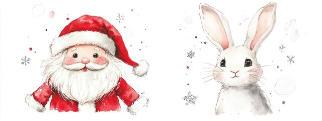 Charming Watercolor Santa Claus and Rabbit for Festive Holiday Decor