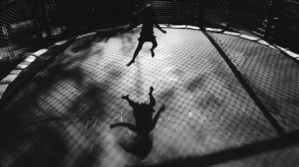 Wall Mural - The shadow of a person jumping on a trampoline, with the shadow creating a dynamic, energetic shape on the ground below