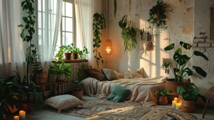 Cozy room with boho decor and green plants in pots