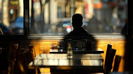 Wall Mural - The shadow of a person sitting at a cafÃ© table, with the shadow stretching out and blending with the surrounding outdoor ambiance