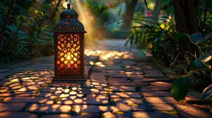 Wall Mural - The shadow of a decorative lantern casting a warm glow and intricate patterns on a garden path, with the shadow enhancing the outdoor setting