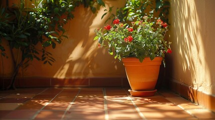 Wall Mural - The shadow of a flower pot on a sunlit balcony, with the shadow adding a natural and inviting touch to the outdoor space