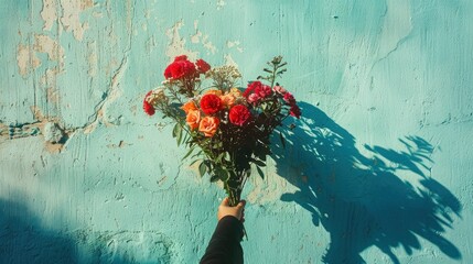 Wall Mural - The shadow of a personâ€™s hand holding a bouquet, with the shadow creating a soft, romantic shape against a bright surface