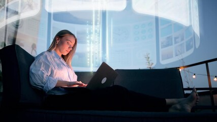 Wall Mural - An Incredibly Beautiful Woman is Using an Augmented Reality to Browse Web Pages, Apps, and Social Networks. Global Digital Network. Cloud technology. Digital Data Synchronization with Data Storage