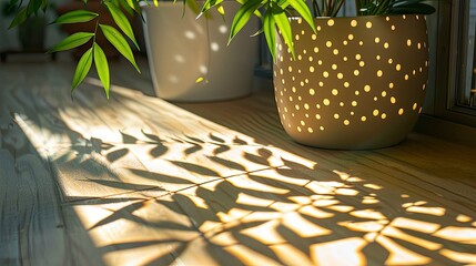 Wall Mural - The shadow of a plantâ€™s leaves casting a detailed pattern on a sunlit windowsill, with the shadow adding a natural touch to the indoor space