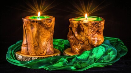 two wooden candle portraits, one with lit candles and the other without