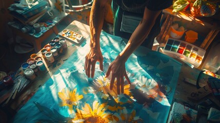 Wall Mural - The shadow of a pair of hands working on a craft project, with the shadow adding a creative and artistic touch to the workspace