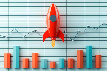 Poster - Rocket Launching Over Bar and Line Graphs on Blue Background, Concept of Business Growth and Success.