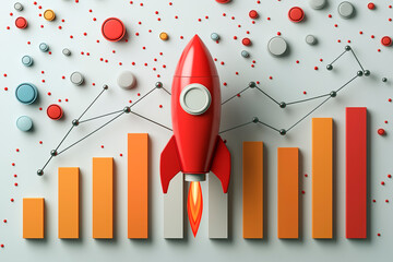 Poster - Creative concept of a startup rocket launch with bar graphs and data points on a digital background.