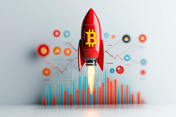 Poster - Cryptocurrency rocket with Bitcoin symbol launching against a background of financial charts.