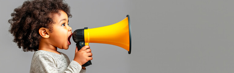 Child holding a megaphone on a grey background.