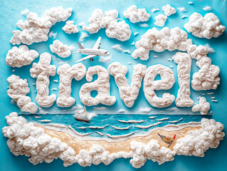 Creative travel concept with cloud letters, airplane, and beach on blue background.