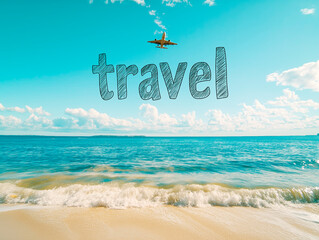 Poster - Airplane flying over ocean with travel text in sky on sunny day with clear blue water and beach.