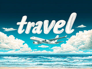 Poster - Airplane flying over the ocean with large text travel against a cloudy sky background.